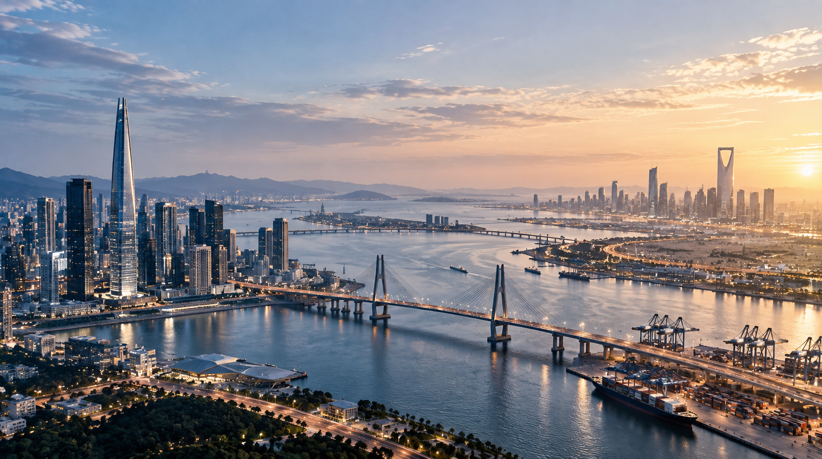 A conceptual bridge connecting Korean and Middle Eastern cityscapes.