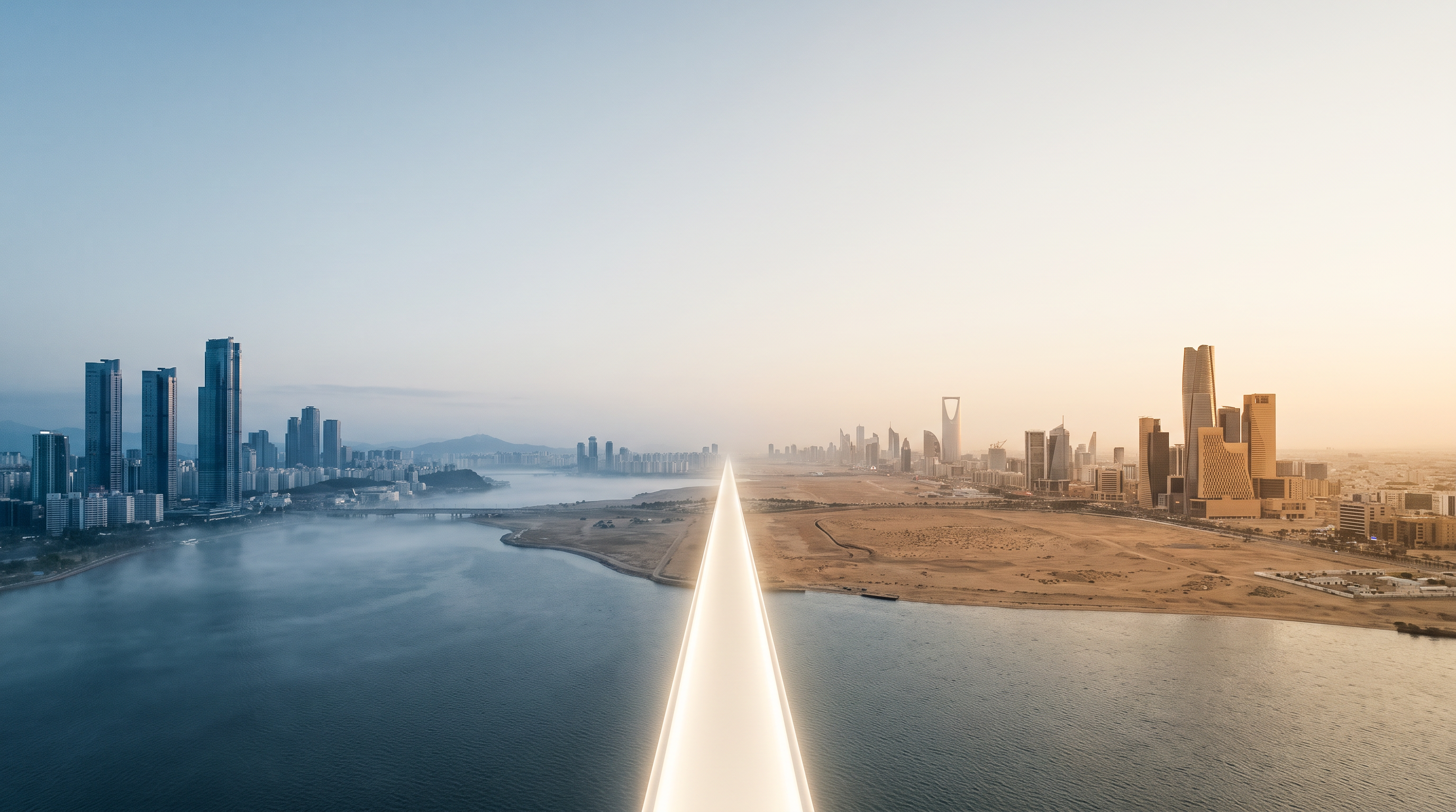 A conceptual bridge connecting Korean and Middle Eastern cityscapes.